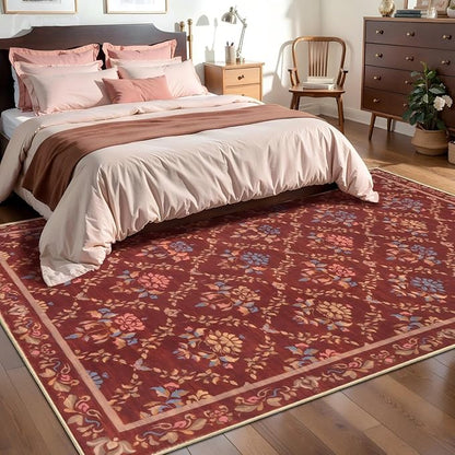 Tangsoo 5x7 Washable Area Rug, Non Slip Red Floral Indoor Rug, Soft Low Pile Floor Carpet for Living Room, Bedroom, Dining Room, Pet & Child Friendly Room Decor, Easy to Clean