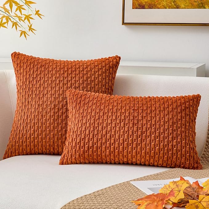 Kevin Textile Fall 2 Packs Boho Decorative Throw Pillow Covers 20x20 Inch for Living Room Couch Bed Sofa Rustic Modern Farmhouse Home Decor Soft Corduroy Square Cushion Case, Rust