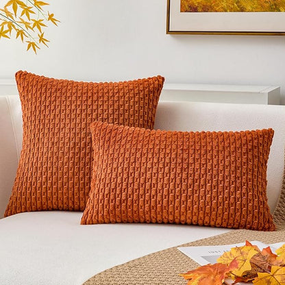 Kevin Textile Fall Pack of 2 Corduroy Decorative Throw Pillow Covers 16x16 Inch Soft Boho Striped Pillow Covers Modern Farmhouse Home Decor for Sofa Living Room Couch Bed Rust