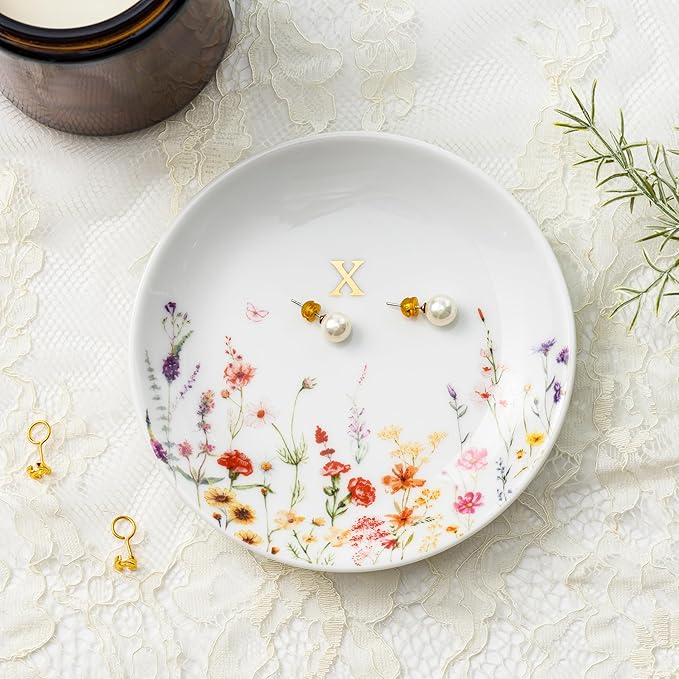 Crisky Initial Jewelry Tray Ring Dish & Gift Box, Ceramic Flower Trinket Dish for Rings Earrings Necklaces Keys, Bridal Shower Engagement Birthday Gift for Women, Friends 4.57" (Gold Foil X