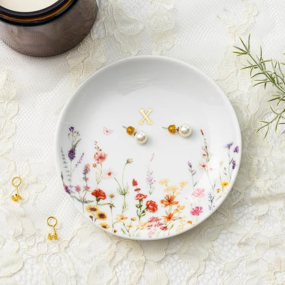Crisky Initial Jewelry Tray Ring Dish & Gift Box, Ceramic Flower Trinket Dish for Rings Earrings Necklaces Keys, Bridal Shower Engagement Birthday Gift for Women, Friends 4.57" (Gold Foil X