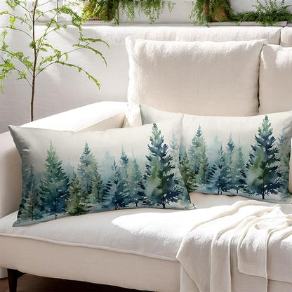 Watercolor Christmas Tree Lumbar Pillow Covers 12x20 Set of 2 Blue Green Xmas Print Vintage Decorative Outdoor Throw Pillow Cases Winter Holiday Decoration Farmhouse Sofa Couch Cushion Cover Bed Decor