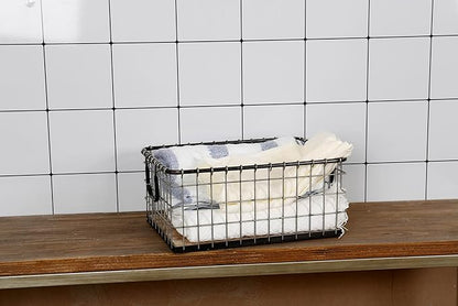 16" Wide Rectangular Sturdy Hand Welded Farmhouse Metal Wire Basket with Rustic Wooden Bottom For Shelves, Closet Storage Bins for Shelves. Also For Laundry, Towel, Spice Rack, Tool Box (16"x12")