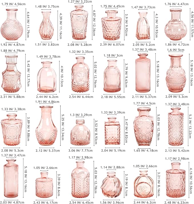 Vintage Pink Small Glass Vase Set of 24, Cute Bud Vases for Centerpiece Table Decorations, Boho Mini Vases for Flowers, Pink Clear Vase Bulk for Wedding Party Decor, Birthday, Baby Shower