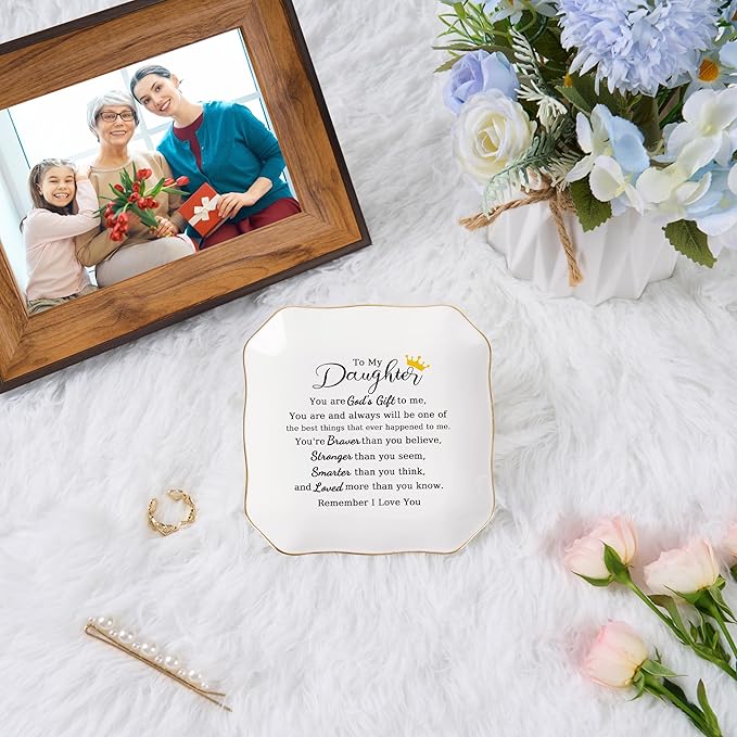 Daughter Gifts Ring Jewelry Dish Tray - Christmas Valentines Mother's Day Wedding Birthday Gifts for Daughter from Mom - You Are God's Gift to Me... You're Brever Stronger Smarter Loved