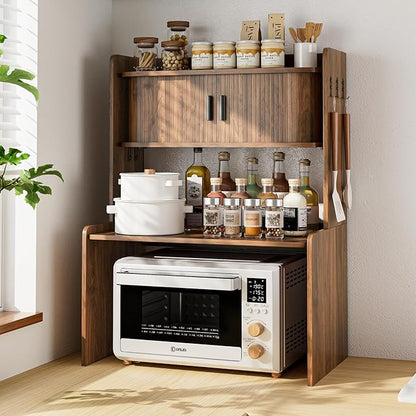 Microwave Stand with Storage, 31 x 23 Inch Mid Century Modern Kitchen Countertop Organizer, Over Fluted Microwave Counter Shelf Rack with Sliding Door, Space Saving, Wooden, Walnut