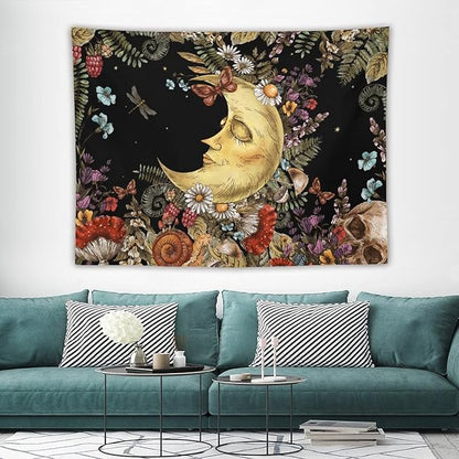 Boho Moon Tapestry Wall Hanging,Vintage Sun and Moon Skull Hippie Mushroom Floral Plant Tapestries for Dorm Living Room Bedroom Decor(60"x80")