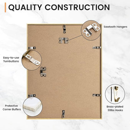 11x14 inch Metal Picture Frame - 11 x 14 Thin Aluminum Photo Frames with 8x10 Removable Mat - High Definition Plexiglass - Vertical and Horizontal Display - Wall Hook Hanging Hardware Included - Gold, Set of 1