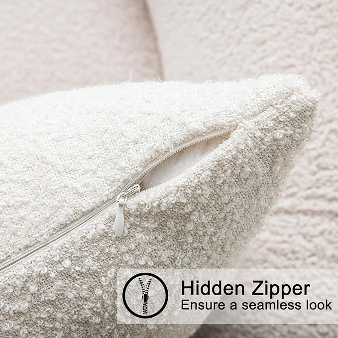 24"x24" White Boucle Pillow Covers with Faux Leather Accents Set of 2 Fluffy Textured Decorative Throw Pillow Cases for Couch Bed Boho Farmhouse Square Cushion Covers for Home Décor