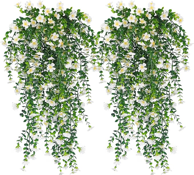 RECUTMS Artificial Flowers for Outdoors Fake Hanging Flowers Plants 4 Pcs UV Resistant Silk Daisy Flower Realistic Faux Trailing Vine for Wall Yard Porch Balcony Indoor Outdoor Planters (White)