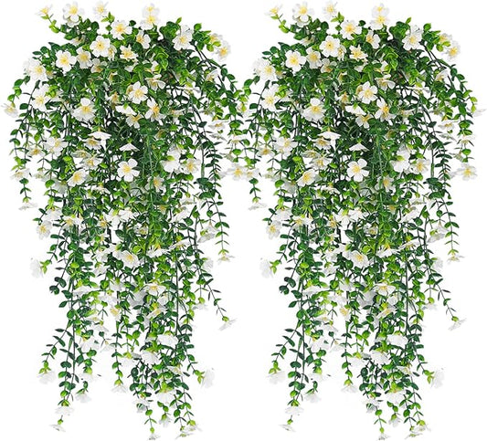 RECUTMS Artificial Flowers for Outdoors Fake Hanging Flowers Plants 4 Pcs UV Resistant Silk Daisy Flower Realistic Faux Trailing Vine for Wall Yard Porch Balcony Indoor Outdoor Planters (White)