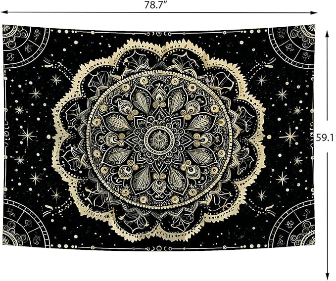 Delur Black and Gold Mandala Tapestry Astrology Space Hippie Bohemian Floral Medallion Tapestry Wall Hanging Aesthetic Indian Psychedelic Headboard for Bedroom Living Room Home Decor (59.1" x 78.7")