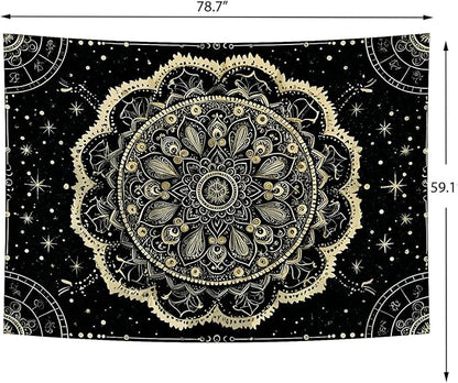 Delur Black and Gold Mandala Tapestry Astrology Space Hippie Bohemian Floral Medallion Tapestry Wall Hanging Aesthetic Indian Psychedelic Headboard for Bedroom Living Room Home Decor (59.1" x 78.7")