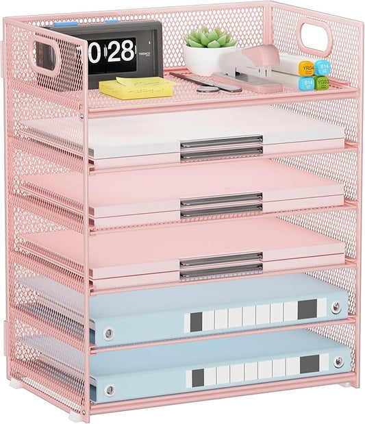 Pink Paper Organizer for Desk with Handle, 6-Tier Metal Mesh File Organizer | Stackable Desktop Organizer for Office Supplies & Stationery Storage