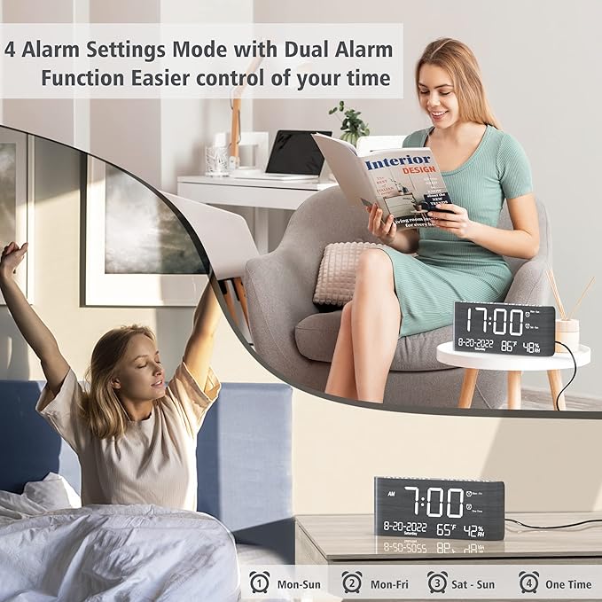 Mesqool Digital Alarm Clock, with Calendar Temperature and Humidity, Loud Volume, Dual Alarm, USB and Type-C Charging Ports, Dimmer, 12/24H, Snooze, Stylish Wood Grain Pattern Digital Clock for Décor