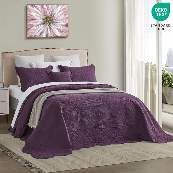 Bedspread - Full Size Bedding Cover - Modern & Contemporary Coverlet Set, Real Stitching, Reversible, Lightweight, 5 Piece, Purple