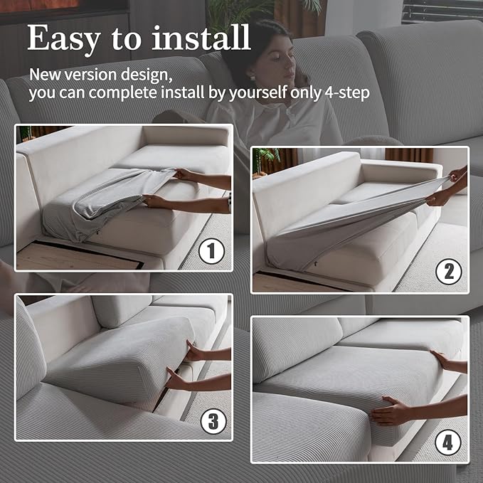 Sectional Couch Covers, Wear Resistant Stretch Sofa Covers Washable Soft Couch Cushion Covers Anti Slip Furniture Protector Sofa Slipcovers for Pets(4 Pieces 3 Seaters+1 Chaise, Light Gray)