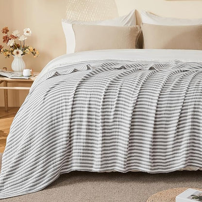 EMME Cotton Muslin Large Throw Blanket Couch Breathable Gauze Soft Lightweight Bed Blankets Adults (Striped Grey, 50"x70")