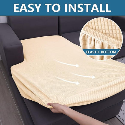 hyha Waterproof Sectional Couch Covers, Non Slip Sofa Couch Cushion Covers L Shape, Thick Stretch Jacquard Fabric, Washable Sofa Slipcovers with Elastic Bottom (1 Piece for Chaise, Beige)