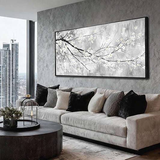 WINKAILIN White Black and Gold Plum Blossom Canvas Wall Art with Black Frame 24"x48" Floral Artwork Modern Botanical Wall Decor for Bedroom Living Room Office Kitchen