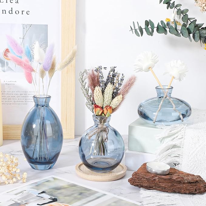 Suream Blue Small Vase, 3 Packs Decorative Bud Vases in Bulk for Centerpieces, Mini Vases for Rustic Wedding Floral Arrangements Home Decorations