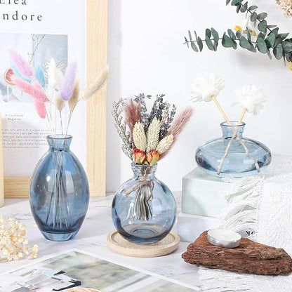 Suream Blue Small Vase, 3 Packs Decorative Bud Vases in Bulk for Centerpieces, Mini Vases for Rustic Wedding Floral Arrangements Home Decorations