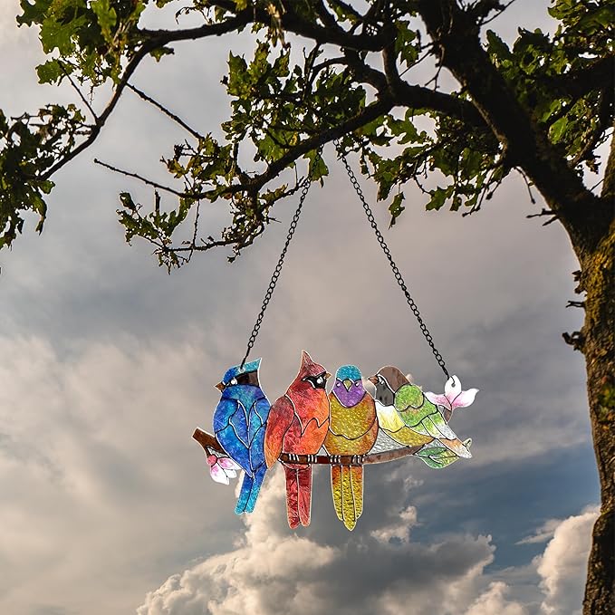 DASTOLL Stained Glass Window Hanging - Birds on A Branch Suncatcher for Window Doors Home Decoration, Valentine's Day Mother's Day Birthday Bird Lover Gifts for Women, Men, and Mom Grandma