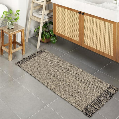Collive Kitchen Runner Rug, 2x4.3 Hand-Woven Reversible Washable Bathroom Runner Rug for Entryway, Natural/Black Cotton Woven Boho Farmhouse Front Door Rug for Bedroom Entry Kitchen Floor Door Decor
