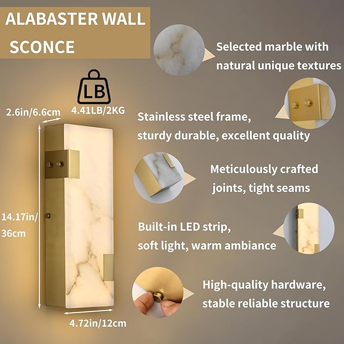 Modern Brass and Alabaster Wall Sconce 14.17in with Spanish Marble and an Elegant Dimmable LED (3000K Warm Light) for Bedroom Living Room Hallway