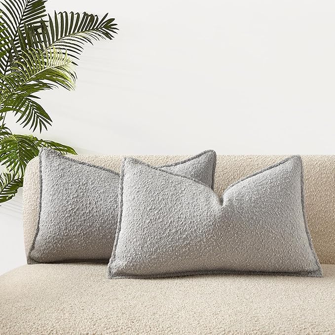 JUSPURBET 12x20 Throw Pillow Covers Set of 2 Decorative Pillow Covers for Couch Sofa Bed Cozy Boucle Textured Lumbar Cushion Covers Cases with Invisible Zipper for Living Room Home Decor,Silver Grey