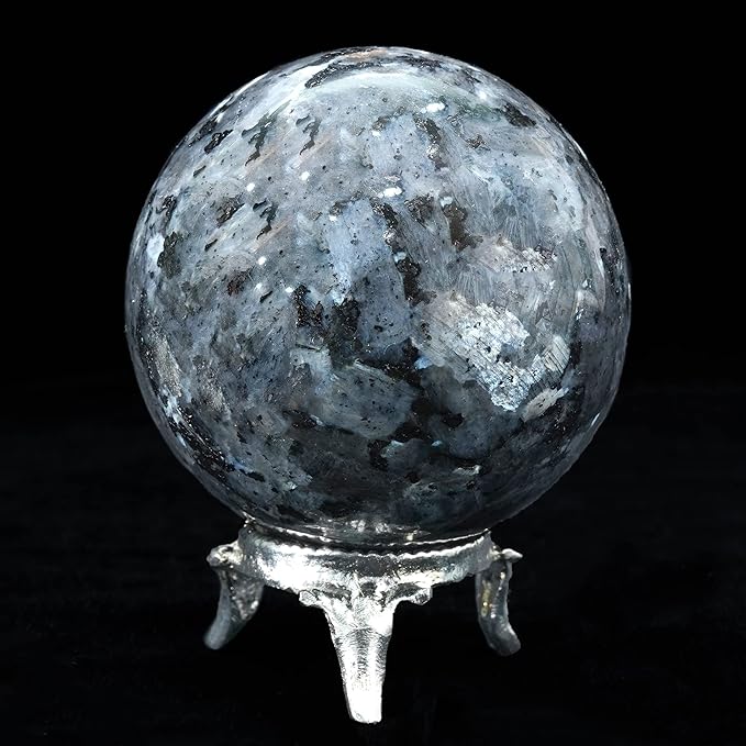 Crocon 50mm Larvikite Stone Sphere Ball with Metal Stand 1400+ Carats Gemstone Ball Healing Sphere Sculpture Figurine for Fengshui Divination Home Decoration Photography Crystal Sphere