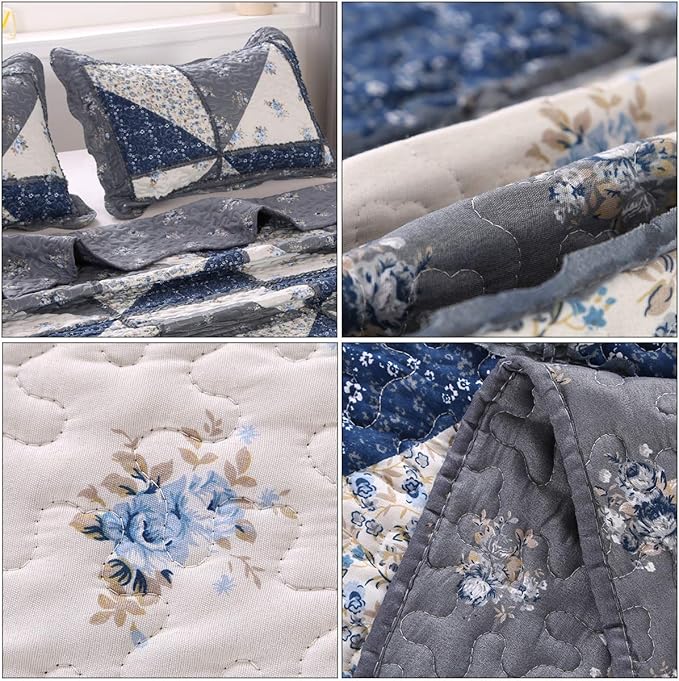 Patchwork Quilt Set King Size Quilted Bedspread Coverlet Set 3-Piece Grey Lightweight Comforter Floral Reversible Stitched Quilt Bedding Set Bed Cover Blanket with 2 Pillow Shams for All Season