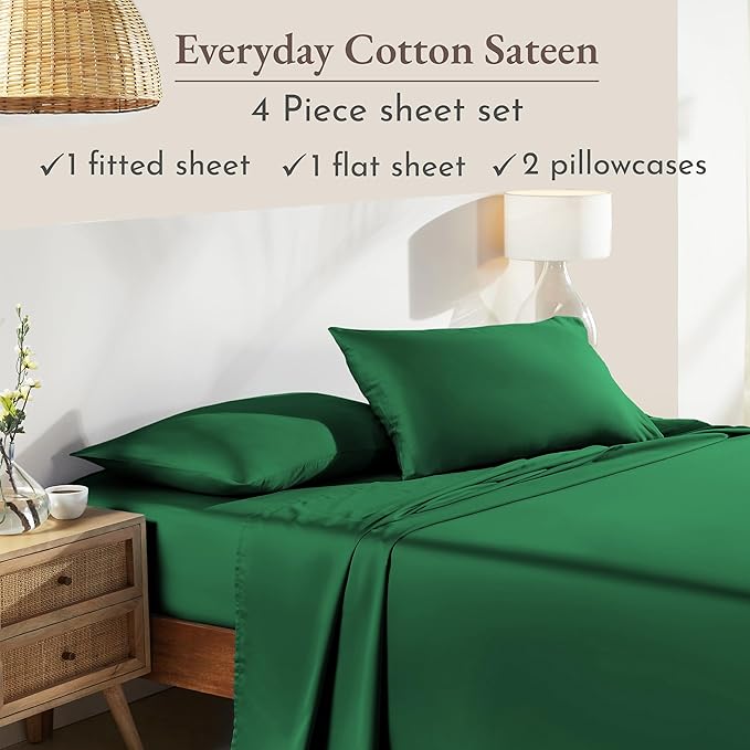 California Design Den Natural 100% Cotton Sheets Full Size Bed Set with Deep Pockets - Soft Sateen Weave, Durable Bed Sheets Full Size (Emerald Green)