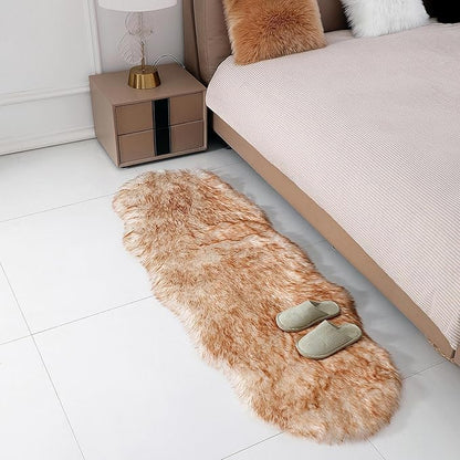 Faux Fur Rug Sheepskin Shag Fluffy Fuzzy 2x6 ft Runner Rugs for Bedroom Bedside Bed Floor Living Room Plush High-Density Cushion Carpet Super Sofa Cover White and Yellow
