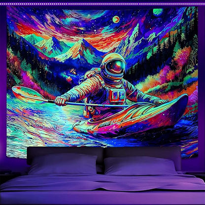 Blacklight Astronaut Tapestry Wall Hanging Space Galaxy Travel Funny Kayaking Tapestries for Bedroom Colorful Aesthetic Cool Wall Art for Guys Gamer Room Dorm Living Room (boating, 60''×44'')