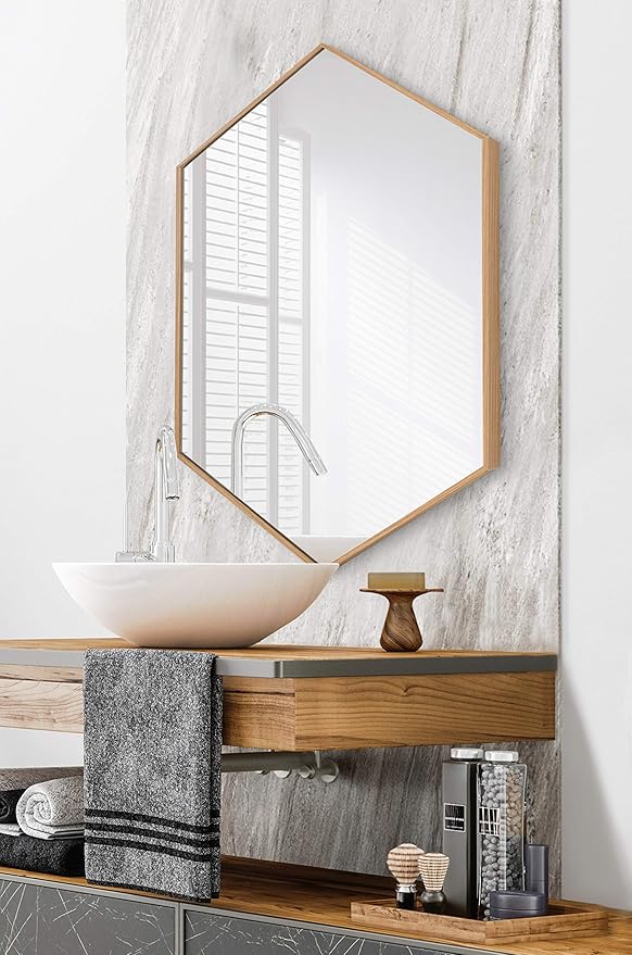 Kate and Laurel Rhodes Modern Hexagon Wall Mirror, 22 x 31, Natural Teak, Chic Geometric Mirror for Wall