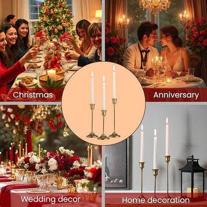 SylvaCraft Brass Gold Candle Holders Rustproof Taper Candlestick Holders for Holiday Party Table Centerpiece Wedding Fireplace Mantel Housewarming Gift(4 Sets(12 Pcs))