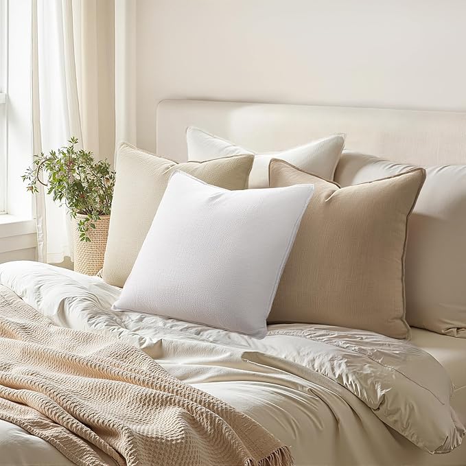 Decorative Linen Euro Sham Pillow Covers 18x18 Neutral Boho Couch Throw Pillows with Flange Design for Bed Pack of 4 Accent Modern Pillowcase for Sofa Livingroom Bed and Balcony Home Decor
