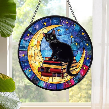 Rngmsi Cat and Moon Stained Glass Window Hanging Gifts, 7.8″ Sun Catchers for Indoor Window Decor, Decorative Sun Catchers Home Wall Art Gift for Thanksgiving Christmas Wedding Housewarming