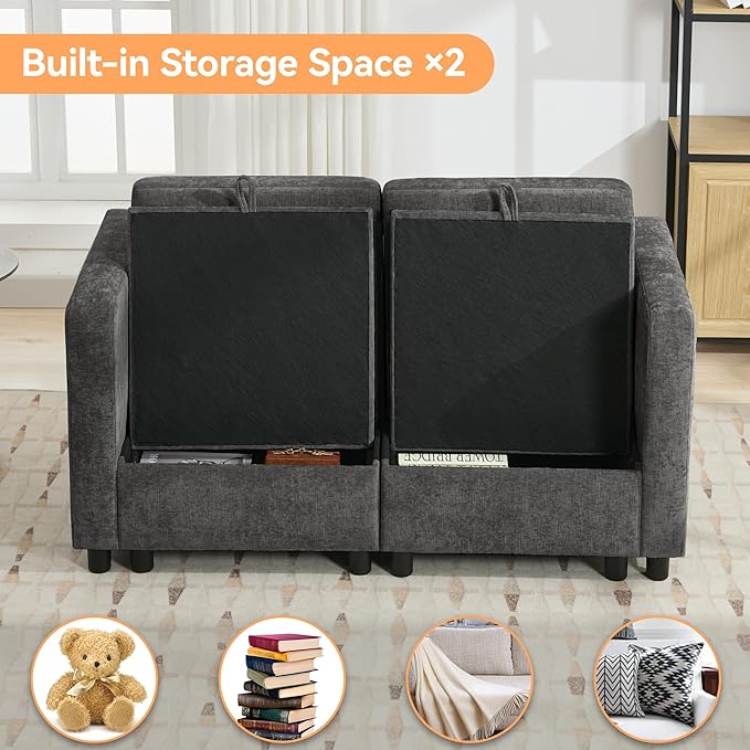 58”Modular Sectional Loveseat Sofa, Modern Love Seat 2 Seater Sofa Couch with Storage, Chenille Modular Sectional Couch for Living Room, Bedroom, Office, Small Apartment, Dark Grey