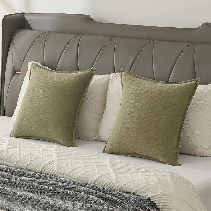 FUTEI Olive Green Chenille Throw Pillow Covers 26x26 Inch Set of 2,Edges Double-Stitched Euro Pillow Shams,Modern Home Decor for Couch Living Room