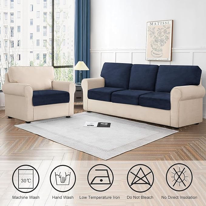 Couch Cushion Cover Velvet 1 Piece Seat Cushion Cover Stretch Armchair Cover Separate Sectional Sofa Slipcovers Furniture Protector (1-Seater or Sofa Backrest, Navy)