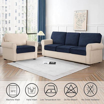 Couch Cushion Cover Velvet 1 Piece Seat Cushion Cover Stretch Armchair Cover Separate Sectional Sofa Slipcovers Furniture Protector (1-Seater or Sofa Backrest, Navy)