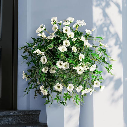 Artificial Flowers Artificial Petunias for Outdoors Artificial Hanging Plants Outdoors Silk Flowers with Stems Outdoor Flowers Uv Resistant for Porch Decor Terrace Decor（White） with Pot 2PCS