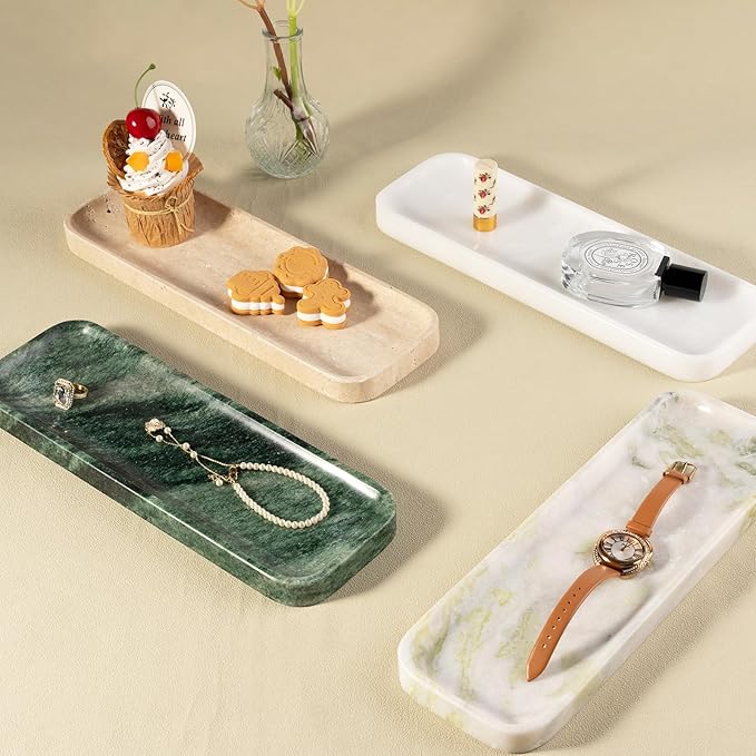 Koville Marble Tray for Bathroom Sink, 12"x4" Natural Stone Vanity Tray for Kitchen Dresser Countertop, Rectangular Decorative Marble Tray for Jewelry Perfume Trinket(Green)