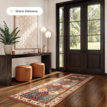 Lessymo Washable Runner Rug 2.6x8, Moroccan Faux Wool Runner Rug Non Slip for Hallways Kitchen Entryway Laundry Room Bedroom Bathroom, Low Pile, Kid & Pet Friendly, Classic Red and Cream