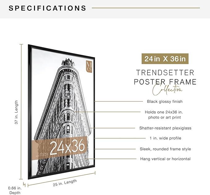 MCS Trendsetter 24x36 Poster Frame Black High-Gloss, Vertical & Horizontal Wall Hanging Large Picture Frame for Photos, Posters & Art Prints (1-Pack)