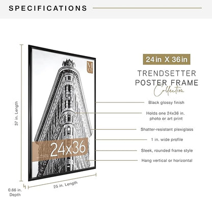 MCS Trendsetter 24x36 Poster Frame Black High-Gloss, Vertical & Horizontal Wall Hanging Large Picture Frame for Photos, Posters & Art Prints (1-Pack)