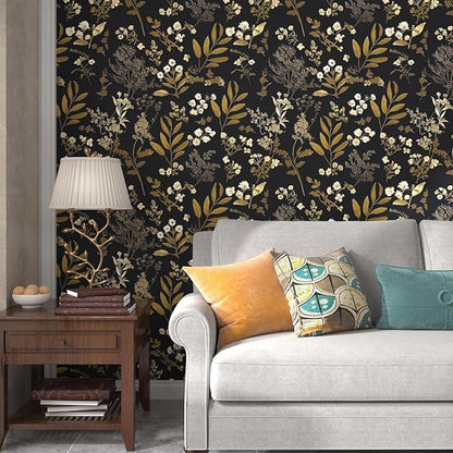 Gothic Wallpaper Peel and Stick Dark Floral Wallpaper 17.5in x 78.7in Vintage Leaf Contact Paper Vinyl Waterproof Self Adhesive Boho Botanical Wall Paper for Bedroom Cabinet Décor
