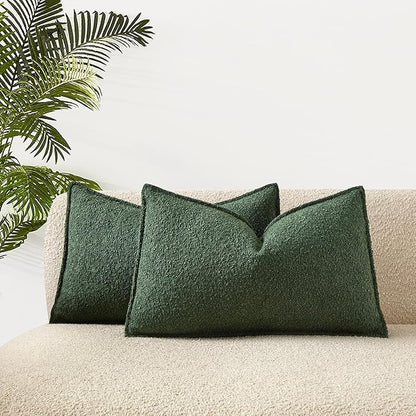 JUSPURBET Green Decorative Pillow Covers 14x24 Set of 2 Throw Pillow Covers for Couch Sofa Bed Cozy Boucle Textured Lumbar Cushion Covers Cases with Hidden Zipper for Living Room Home Decor